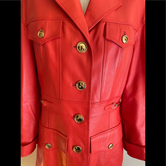 Leda Spain by Gropper Tangerine Leather Trench Coat with Gold Tone Accents - Picture 5 of 16